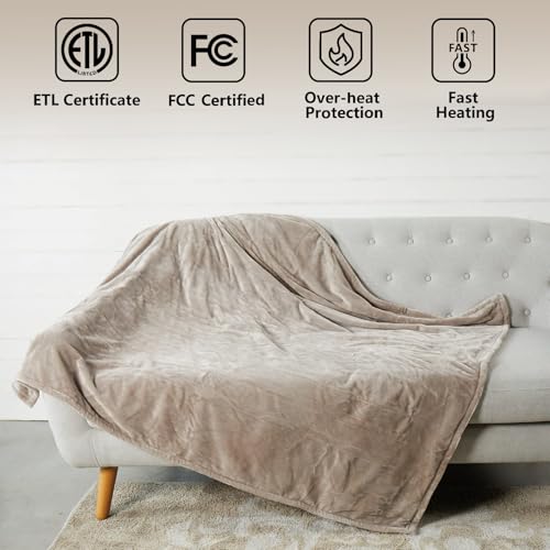 Tefici Electric Heated Throw, Super Cozy Soft Flannel, 50" x 60", 3 Heat Levels, ETL&FCC Certified, Home Office Camel