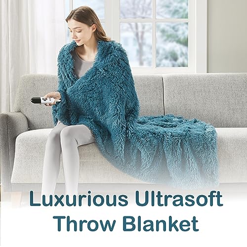 Codi Teal Fuzzy Shaggy Electric Throw | Super Soft 6 Heating Levels