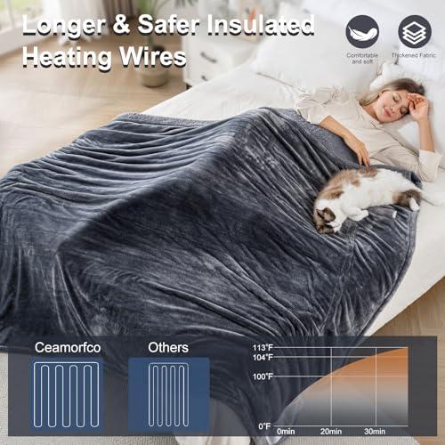 Electric Heated Blanket, Full Size - 6 Heat Levels & 10 Timers (Grey)