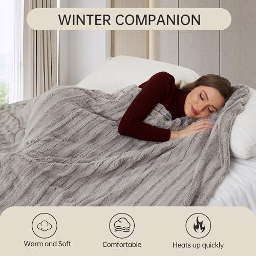 McJaw Full-Size Electric Heated Blanket, 72x84, Faux Fur, 10-Hour Auto Off, 4 Heat Levels, Machine Washable, Light Brown
