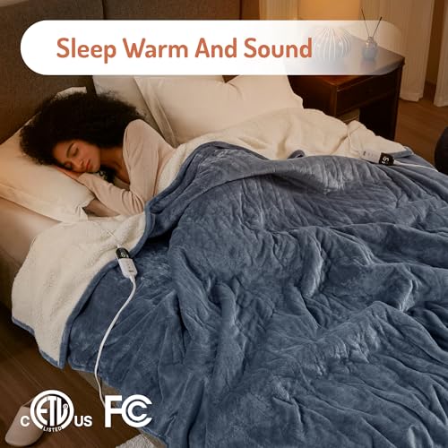 Warm Blue Sherpa Electric Throw Blanket - 6 Heat Settings, 10-Hour Timer