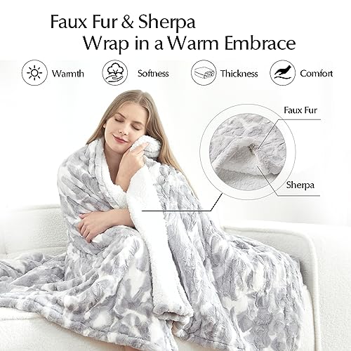 Heated Faux Fur & Sherpa Twin Blanket - Safe, Soft, 6 Heat Levels, 10-Hour Auto-Off, Machine Washable, 62x84 Light Grey & White