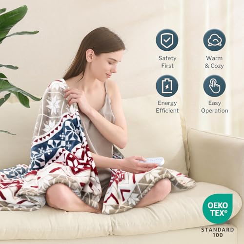 Reaks Heated Electric Throw Blanket, Red & Beige, 50" x 60" Fast Heat Sherpa Flannel